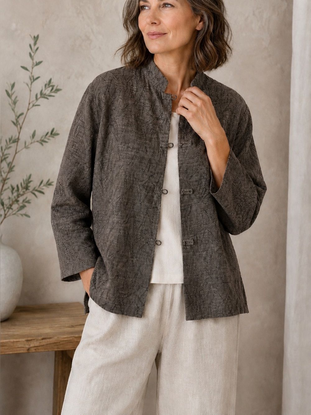 Eileen Fisher Linen Cotton Mandarin Jacket Brown Textured Button Closure Size S